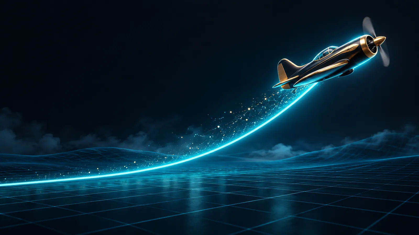 A small propeller plane climbing along a rising glowing curve