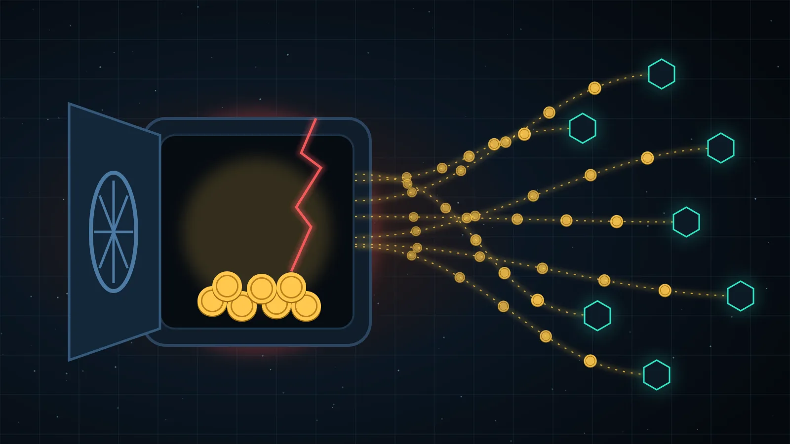 An open vault with streams of gold coins flowing out to wallets on many networks