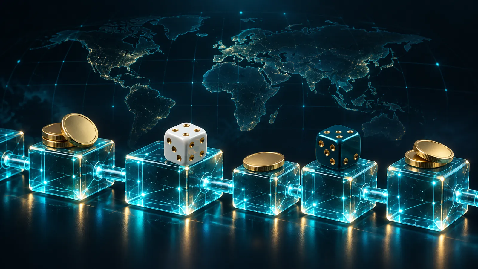 A chain of glowing blockchain blocks carrying dice and coins over a world map