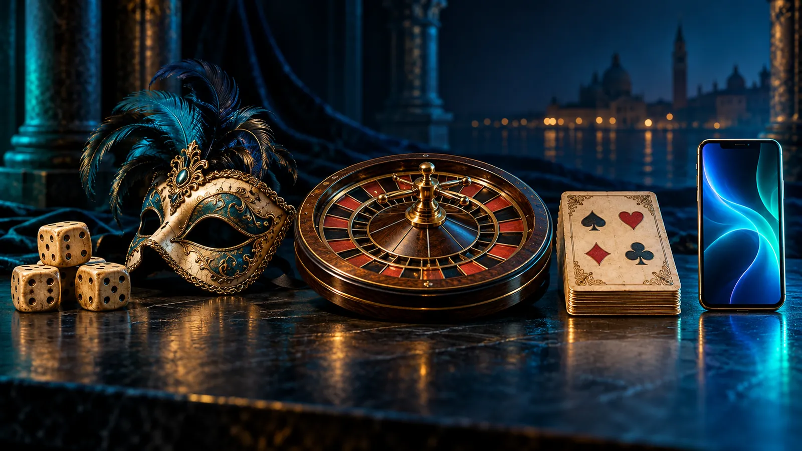 Dice, a carnival mask, a roulette wheel, antique cards and a smartphone in a row from old to new