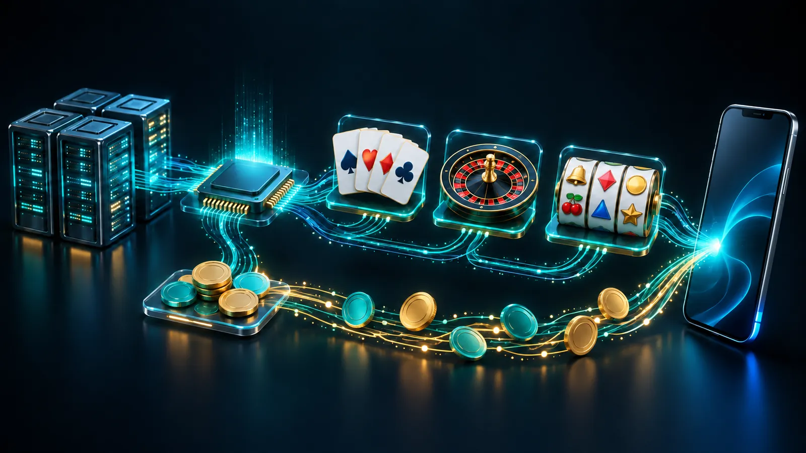Servers, a random-number chip and casino games flowing to a smartphone, with a separate payment lane