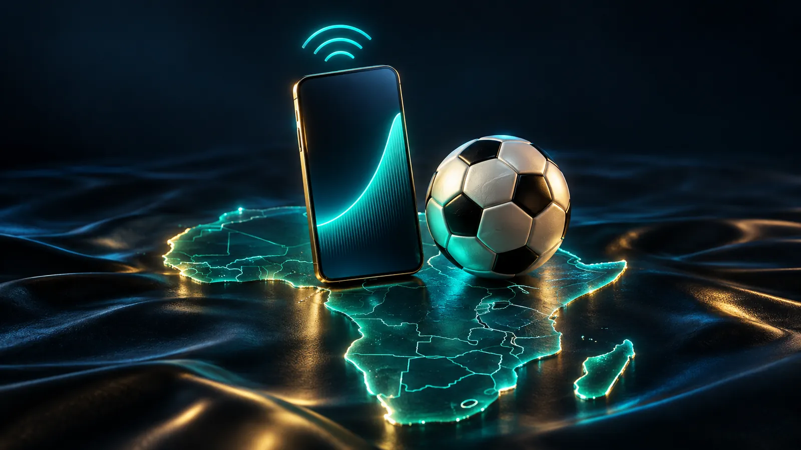 A smartphone with a rising-curve game and a football on a glowing map of Africa