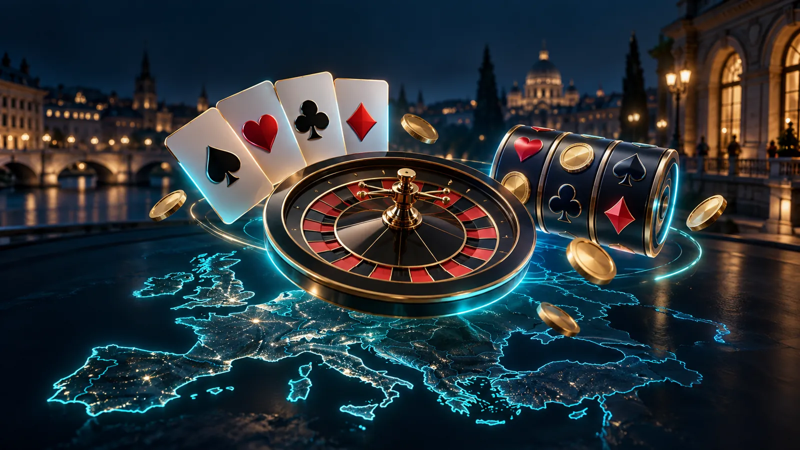 Roulette, playing cards and slot reels above a glowing map of Europe