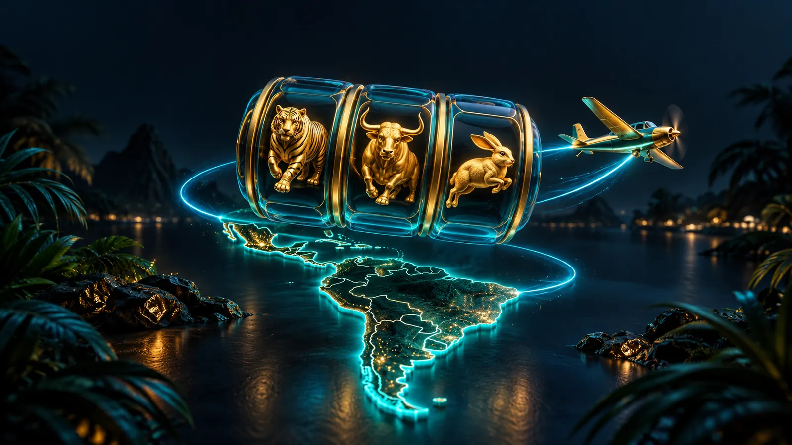 Slot reels with a tiger, an ox and a rabbit and a small plane above a glowing map of Latin America